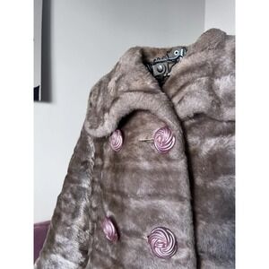 Vintage ILGWU Faux Fur Coat Taupe Grey Pink Swirl Buttons Mid Century Glamour